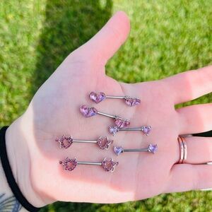 NEW - Pink Heart and Gem Nipple Barbell Earrings